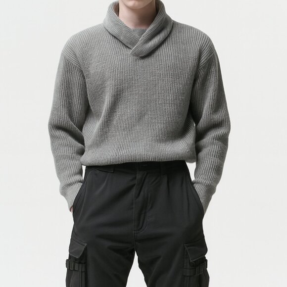 Express Gray Shawl Collar Sweater Men’s XL Ribbed Knit Gorpcore Cyber Y2K - Picture 1 of 8